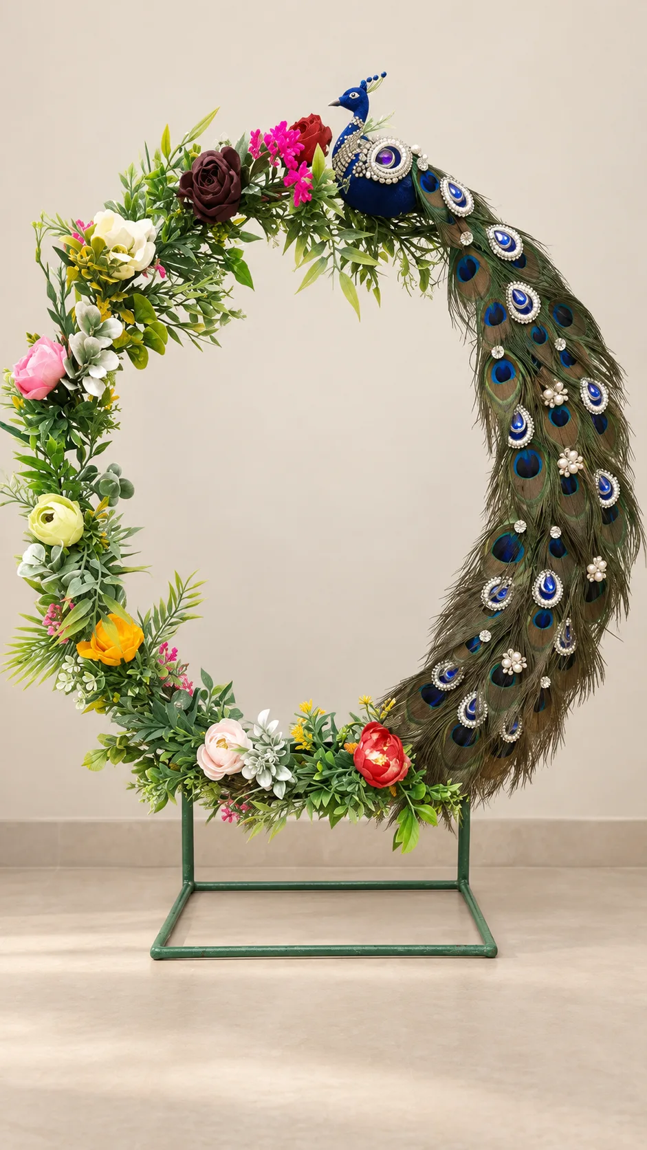 Peacock feather and floral ring backdrop
