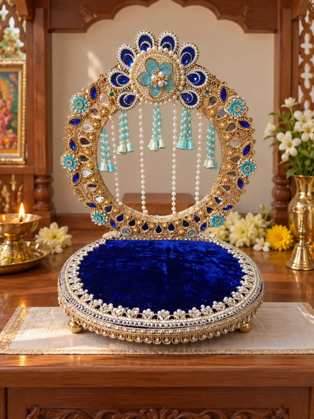 Blue Lotus Singhasan styled in a home mandir