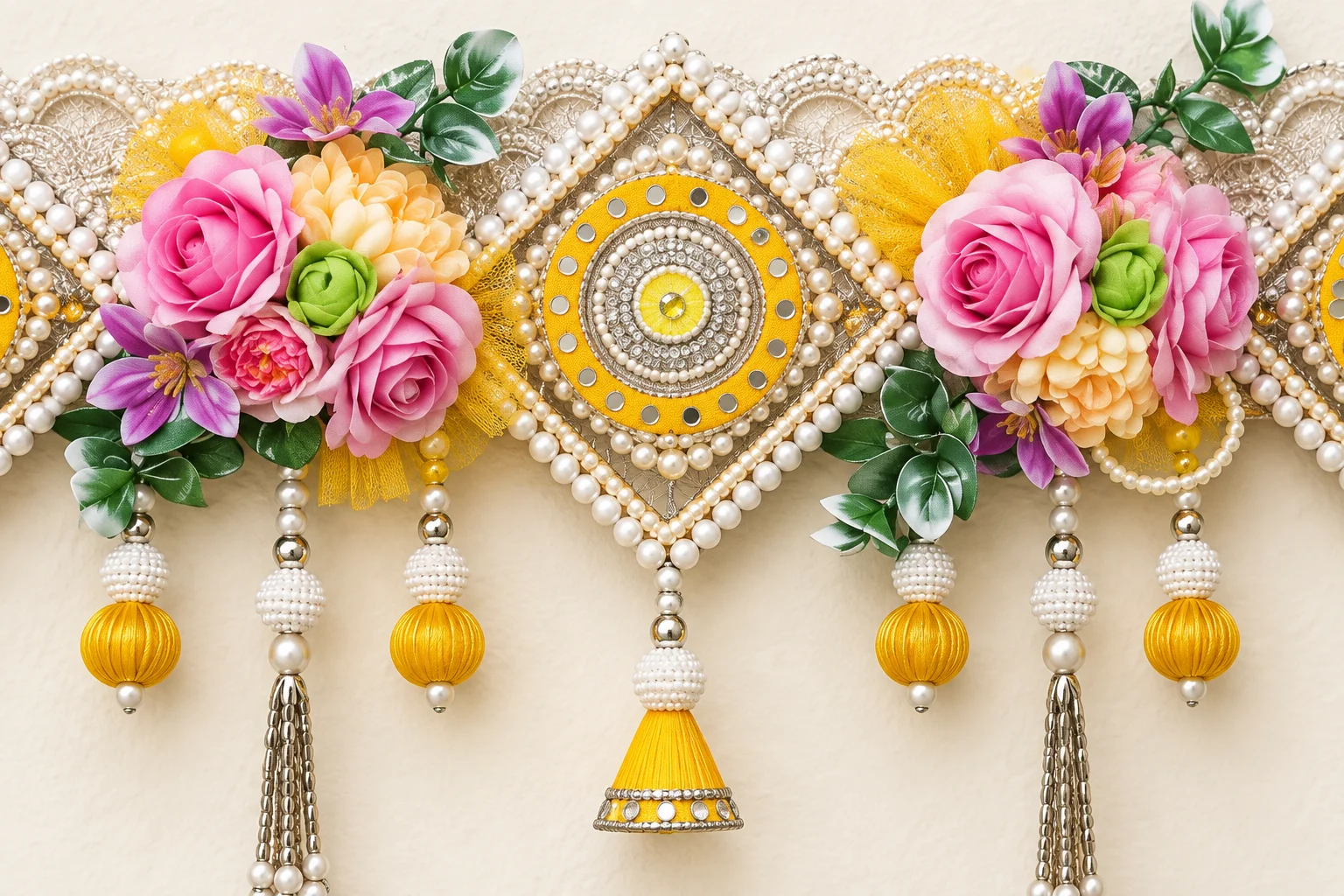 Close-up of the decorative details on Floral Pearl Bandhanwar