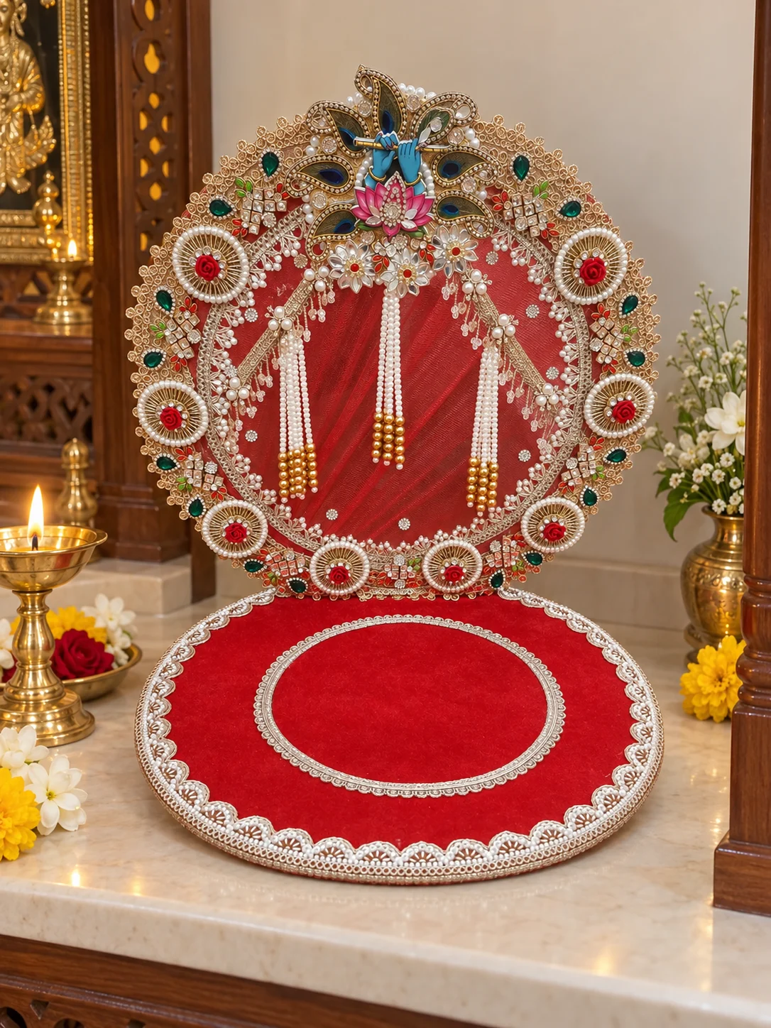Red Pearl Singhasan styled in a home mandir
