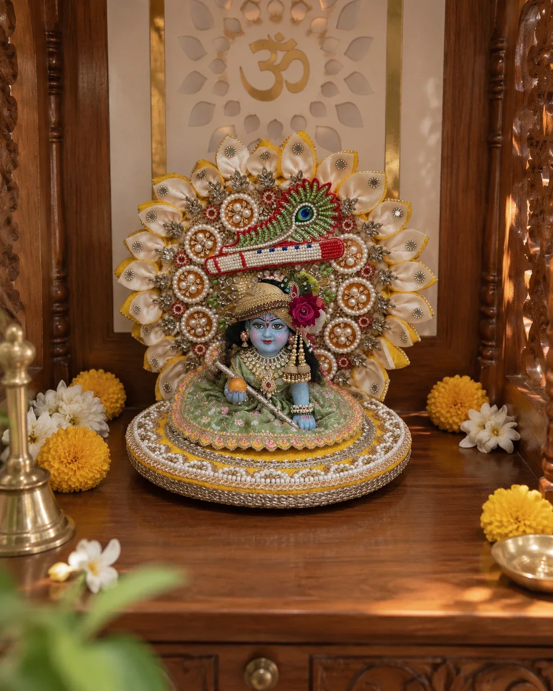 Yellow embellished aasan displayed in a home mandir